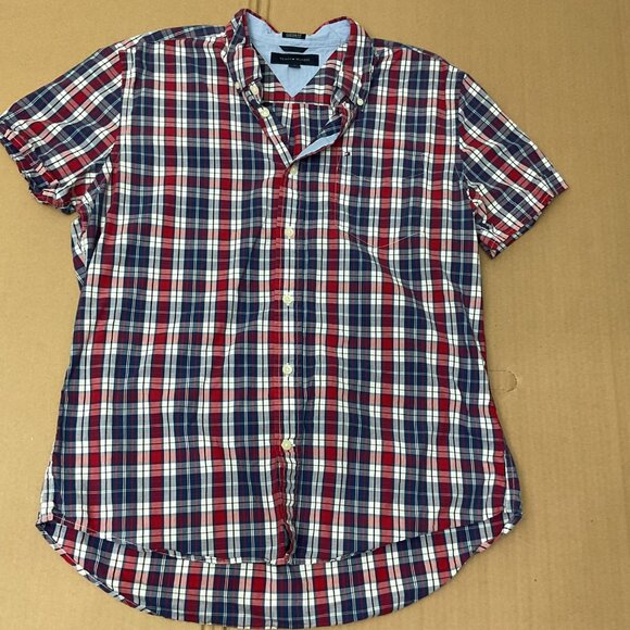Tommy Hilfiger Red & Blue Plaid Short Sleeve Button-Down Shirt Custom Fit L/G 10 - Picture 5 of 6